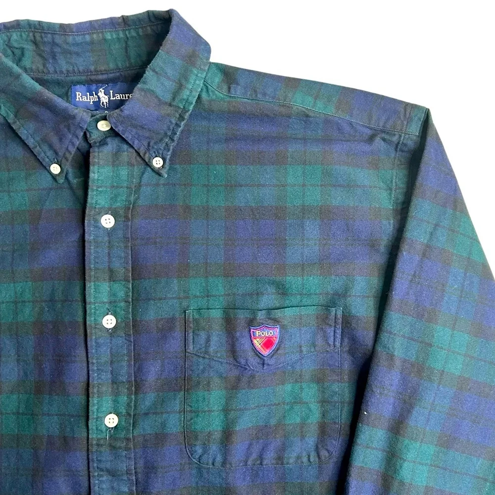 Ralph Lauren “The Big Shirt” Men’s L Green Navy Plaid Button Down W/ Crest Patch